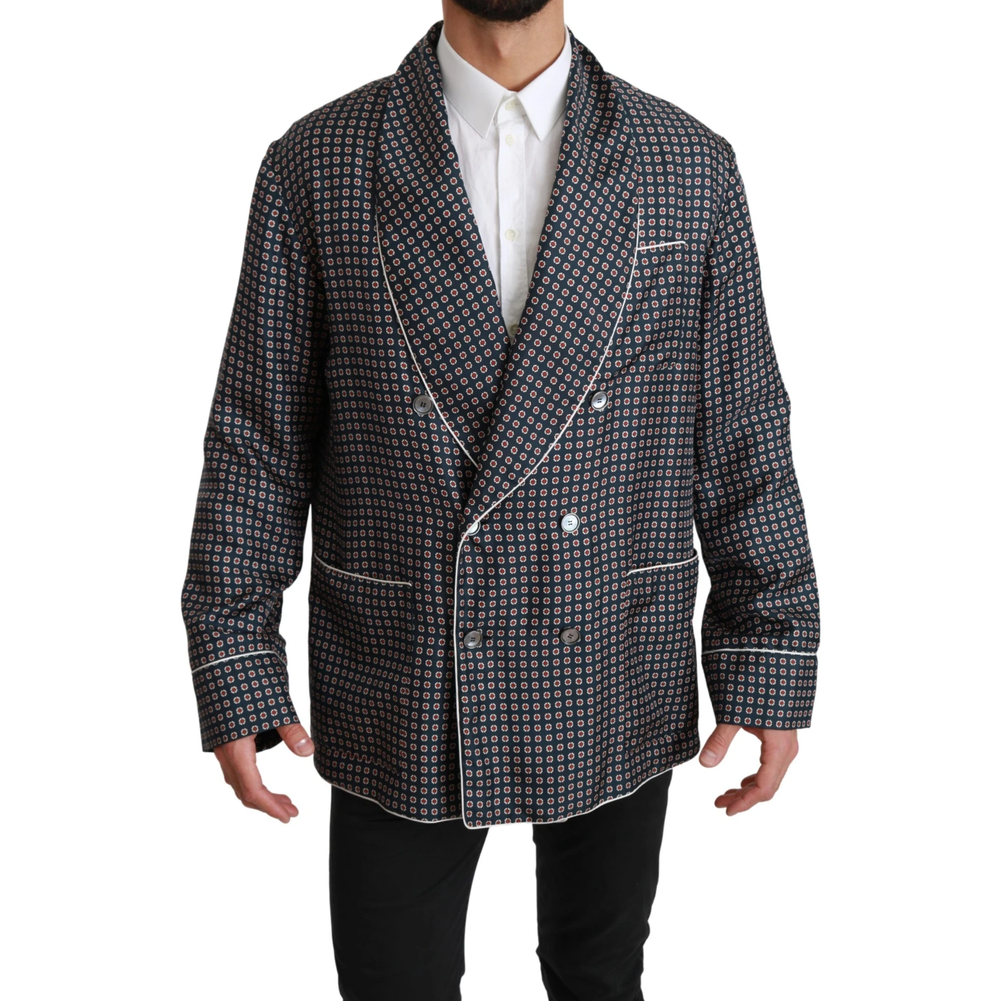 Navy Blue Patterned Double Breasted Coat Jacket