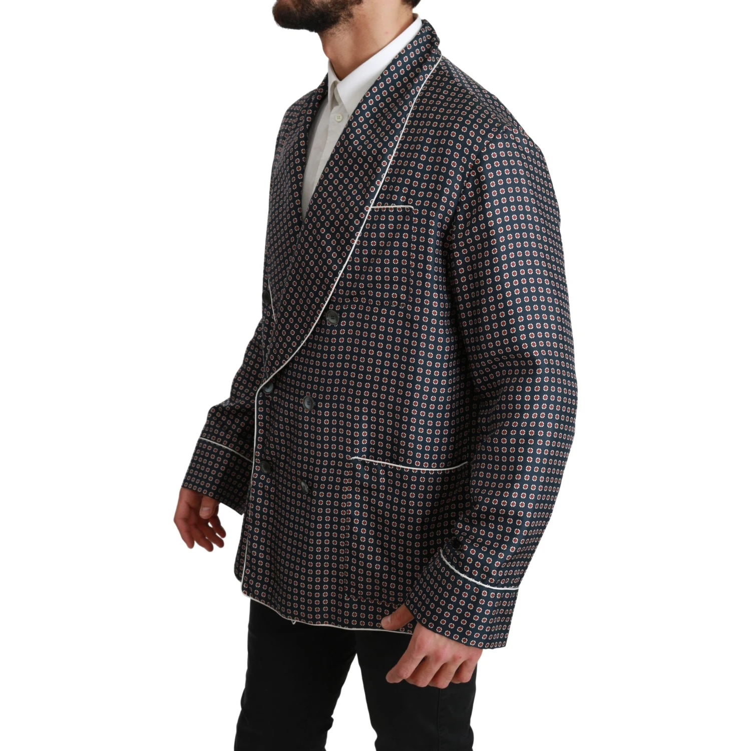 Navy Blue Patterned Double Breasted Coat Jacket