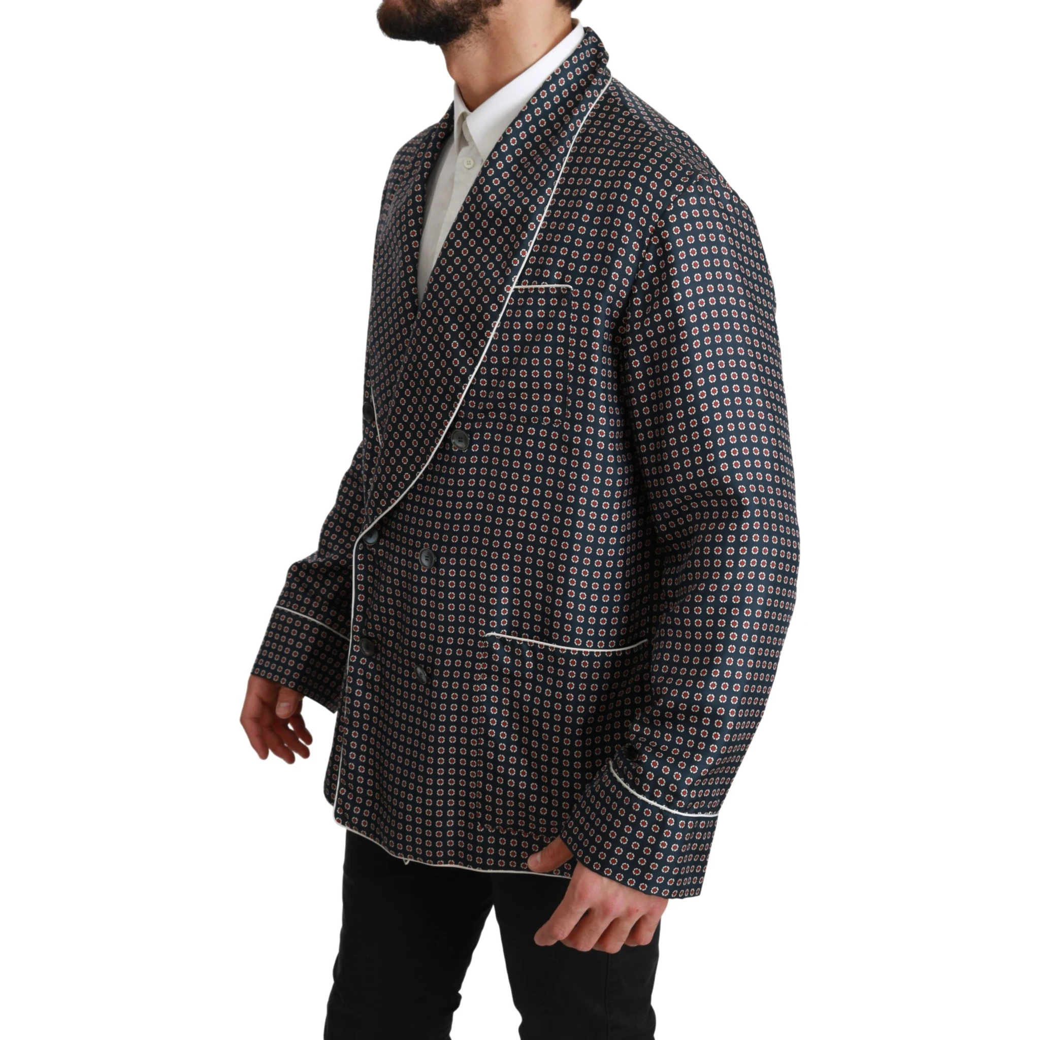 Navy Blue Patterned Double Breasted Coat Jacket