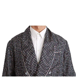 Navy Blue Patterned Double Breasted Coat Jacket
