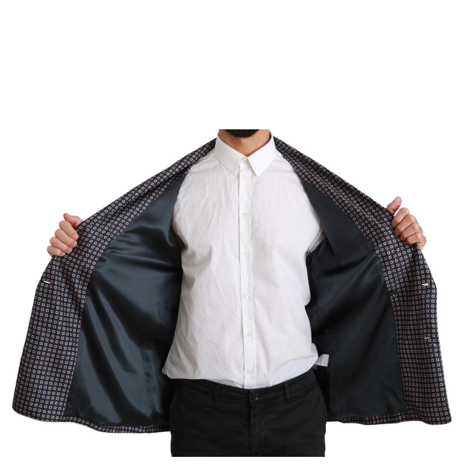 Navy Blue Patterned Double Breasted Coat Jacket