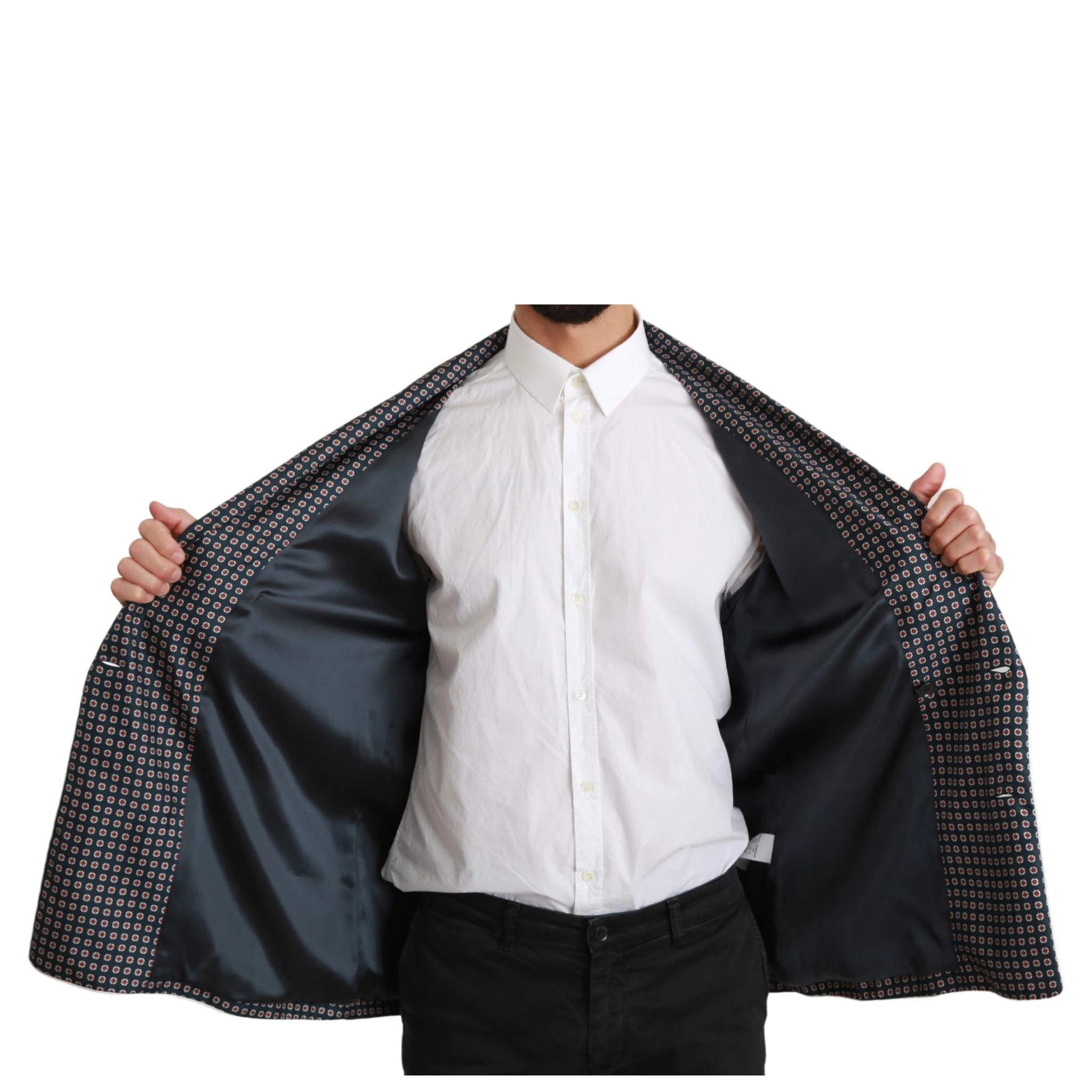 Navy Blue Patterned Double Breasted Coat Jacket