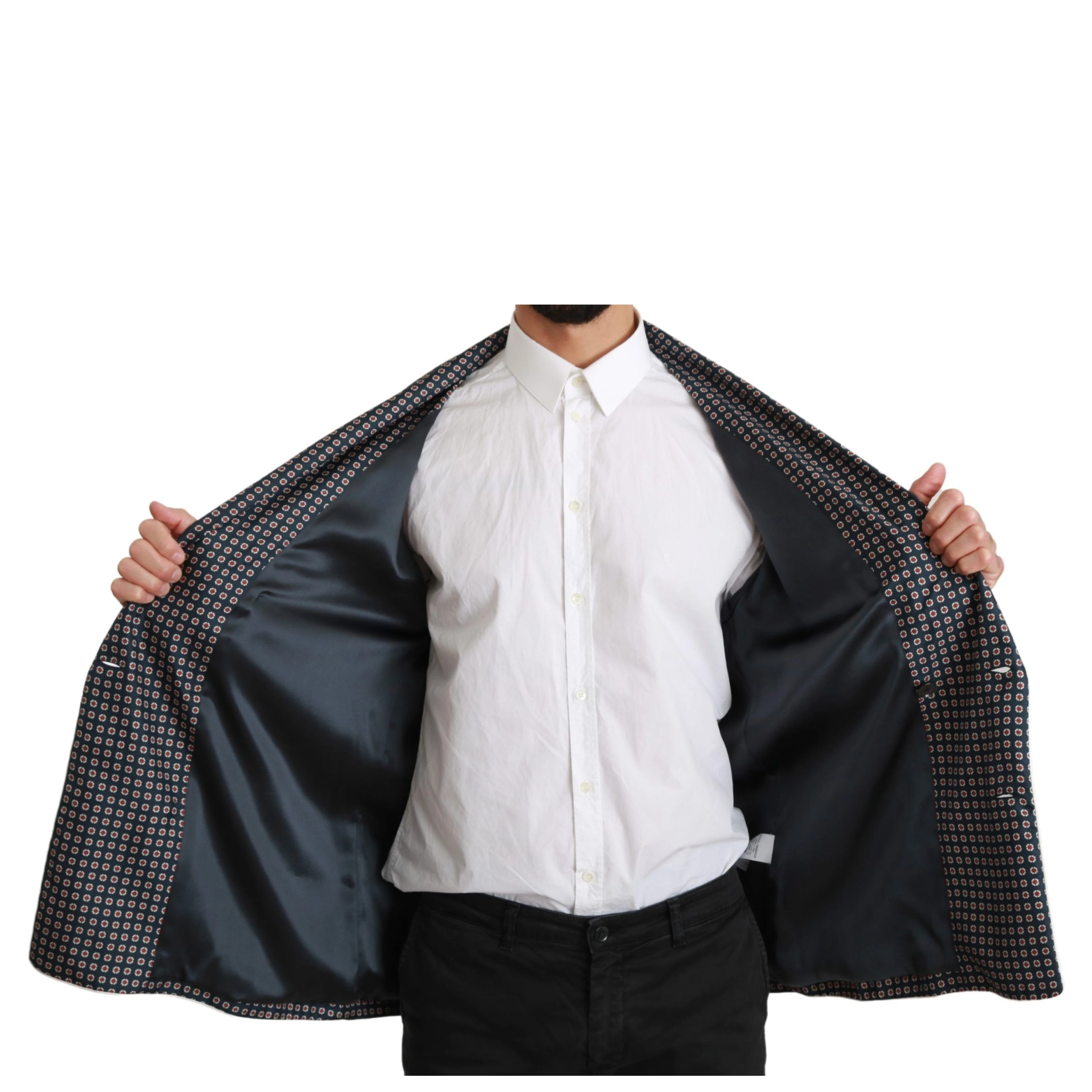 Navy Blue Patterned Double Breasted Coat Jacket
