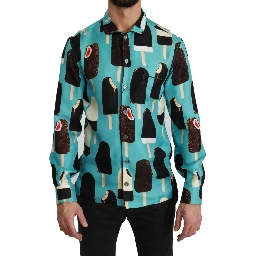 Blue Silk Ice Cream Print Casual Shirt