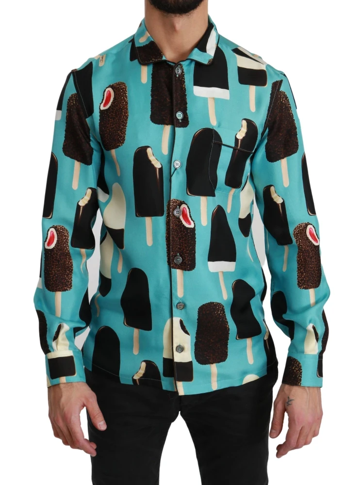 Blue Silk Ice Cream Print Casual Shirt