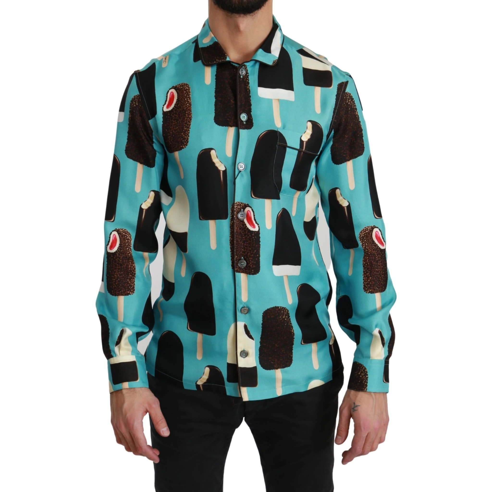 Blue Silk Ice Cream Print Casual Shirt