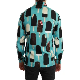 Blue Silk Ice Cream Print Casual Shirt