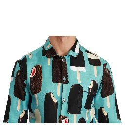 Blue Silk Ice Cream Print Casual Shirt