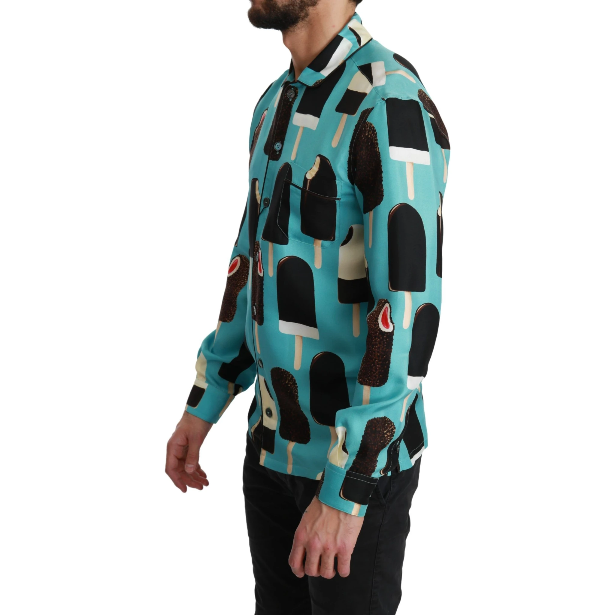 Blue Silk Ice Cream Print Casual Shirt