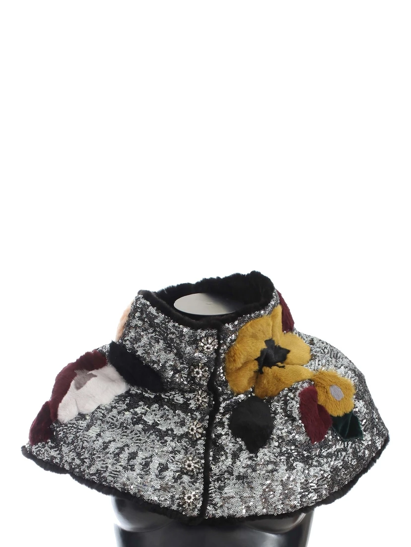 Silver Sequined Floral Weasel Fur Shoulder Scarf Wrap