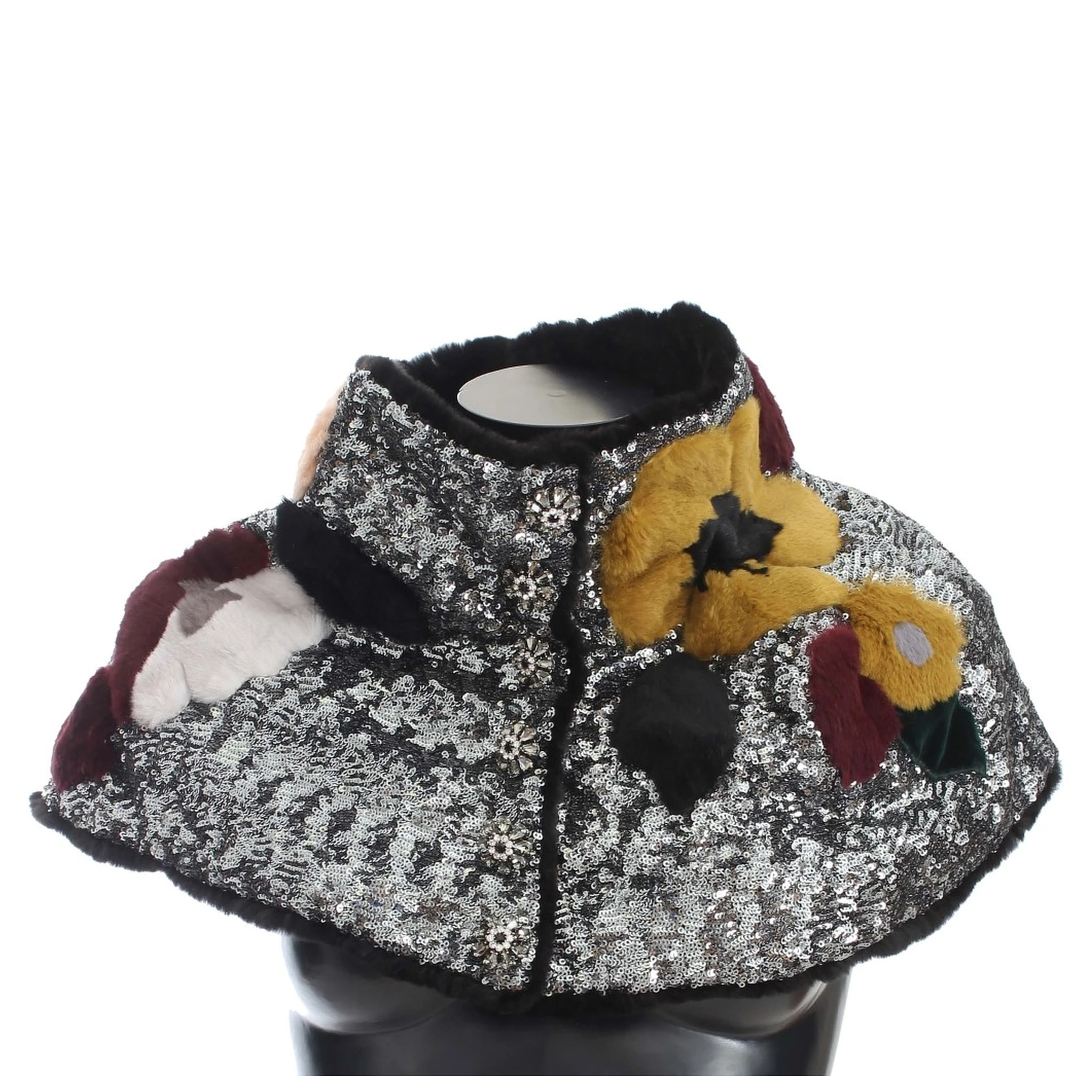 Silver Sequined Floral Weasel Fur Shoulder Scarf Wrap