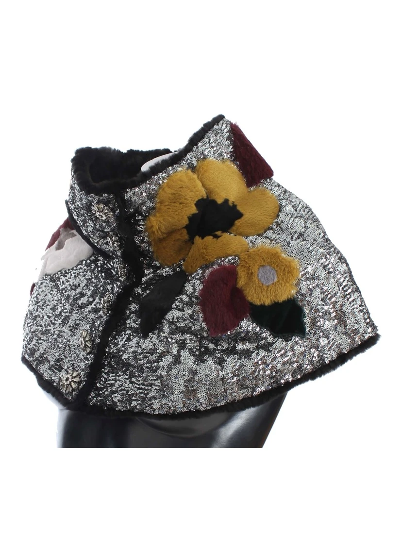 Silver Sequined Floral Weasel Fur Shoulder Scarf Wrap