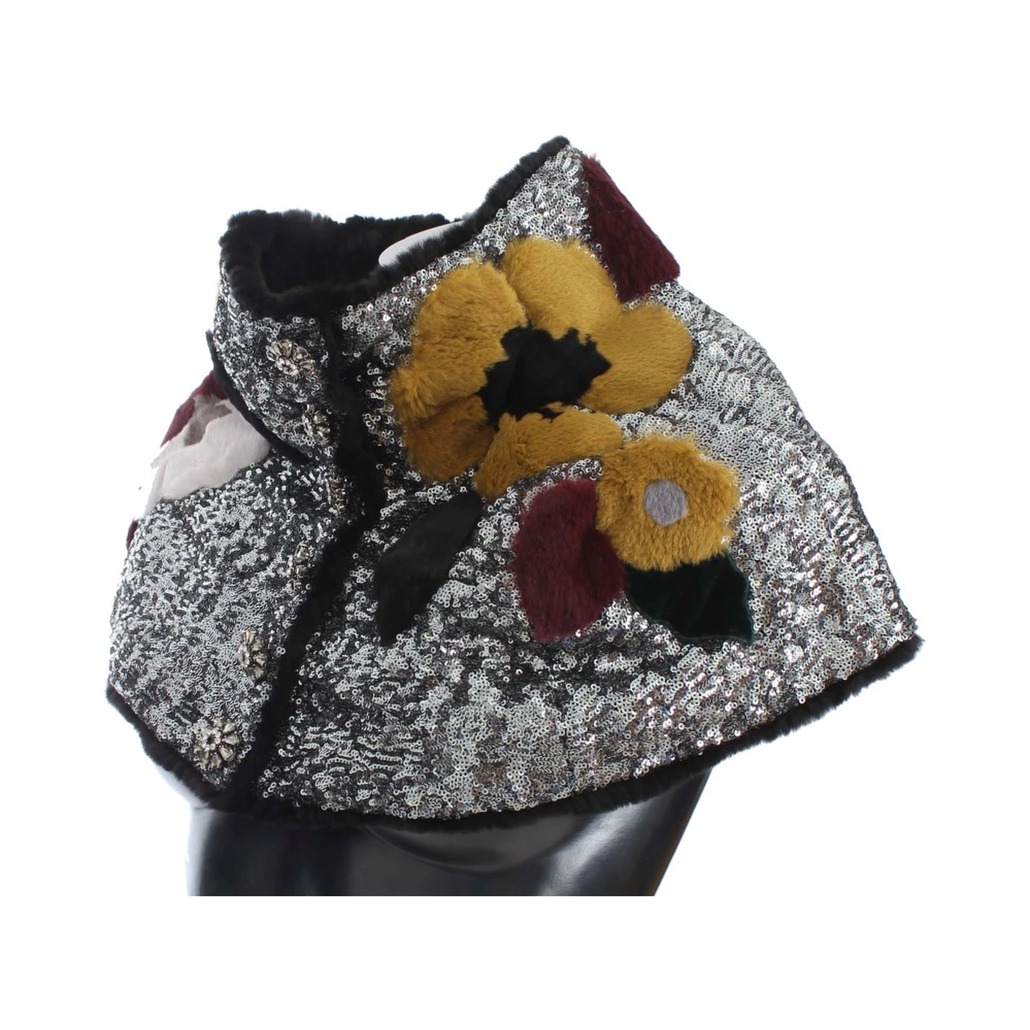 Silver Sequined Floral Weasel Fur Shoulder Scarf Wrap