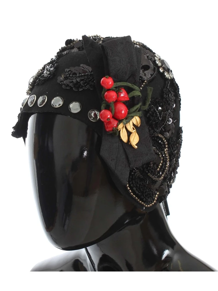Black Crystal Gold Cherries Brooch Hat