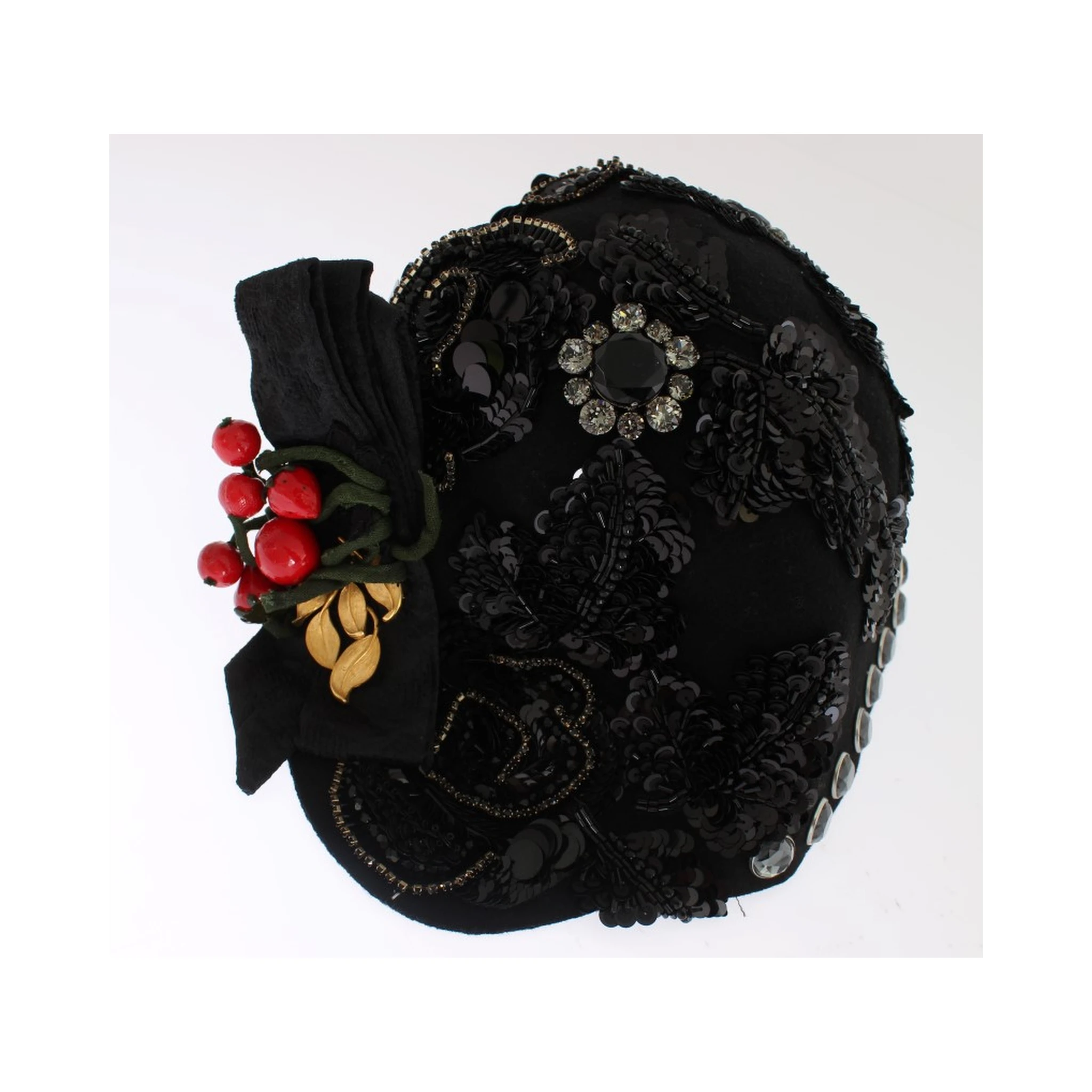 Black Crystal Gold Cherries Brooch Hat