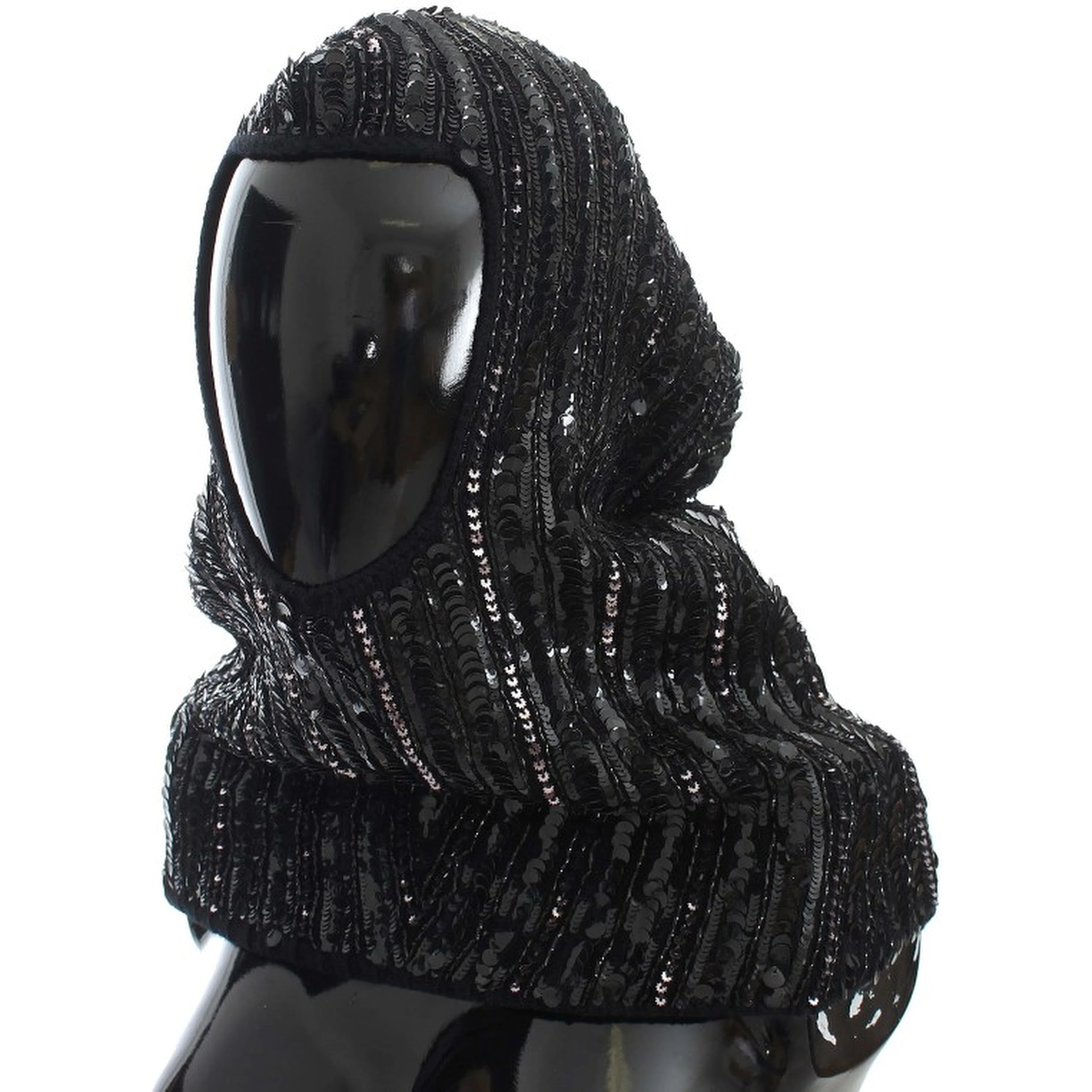 Black Knitted Sequin Hood Scarf Hat