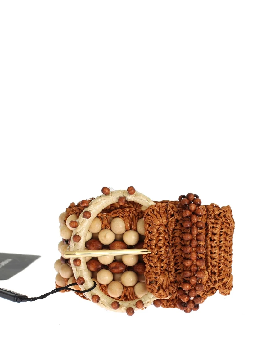 Brown Raffia Wood Beaded Wide Waist Belt