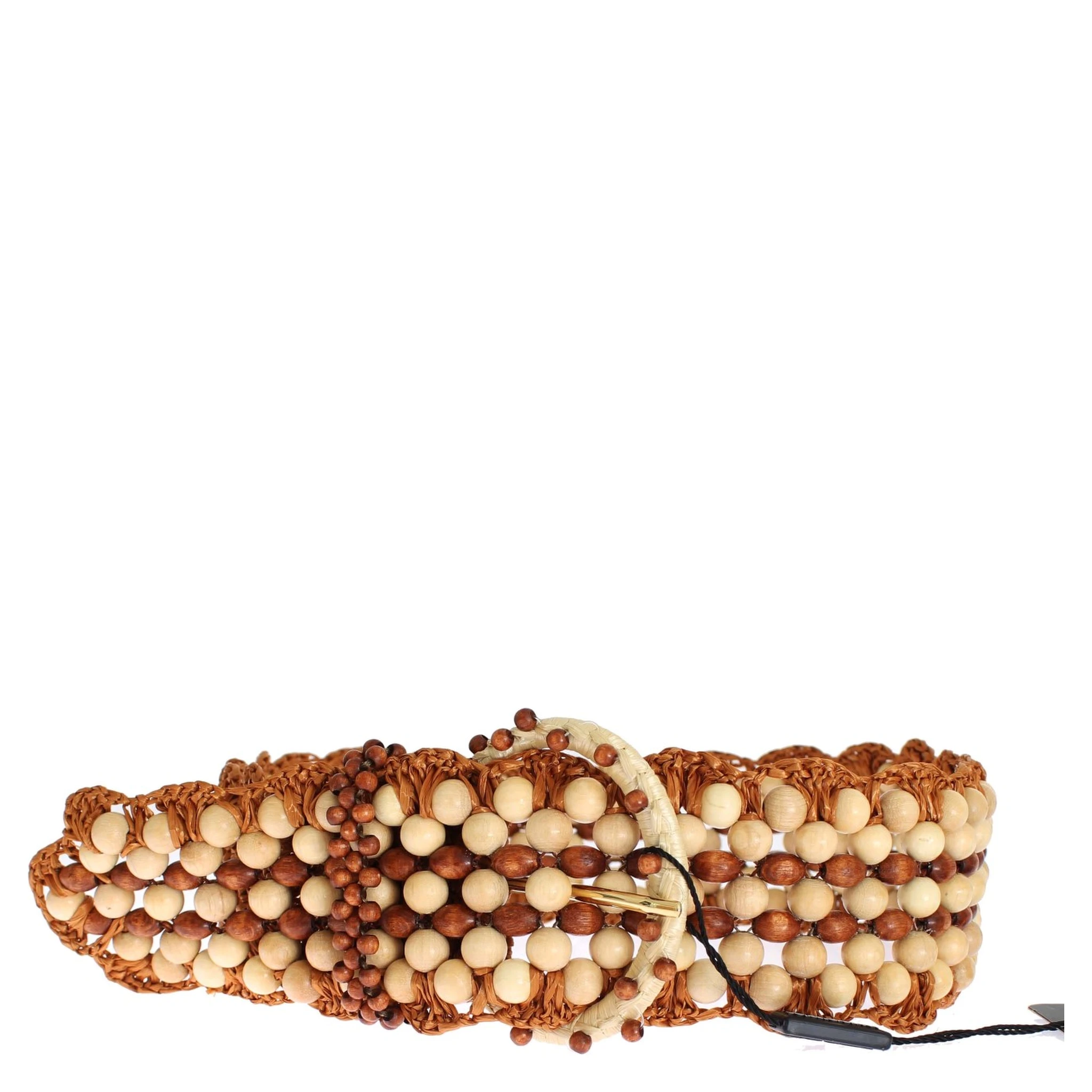 Brown Raffia Wood Beaded Wide Waist Belt