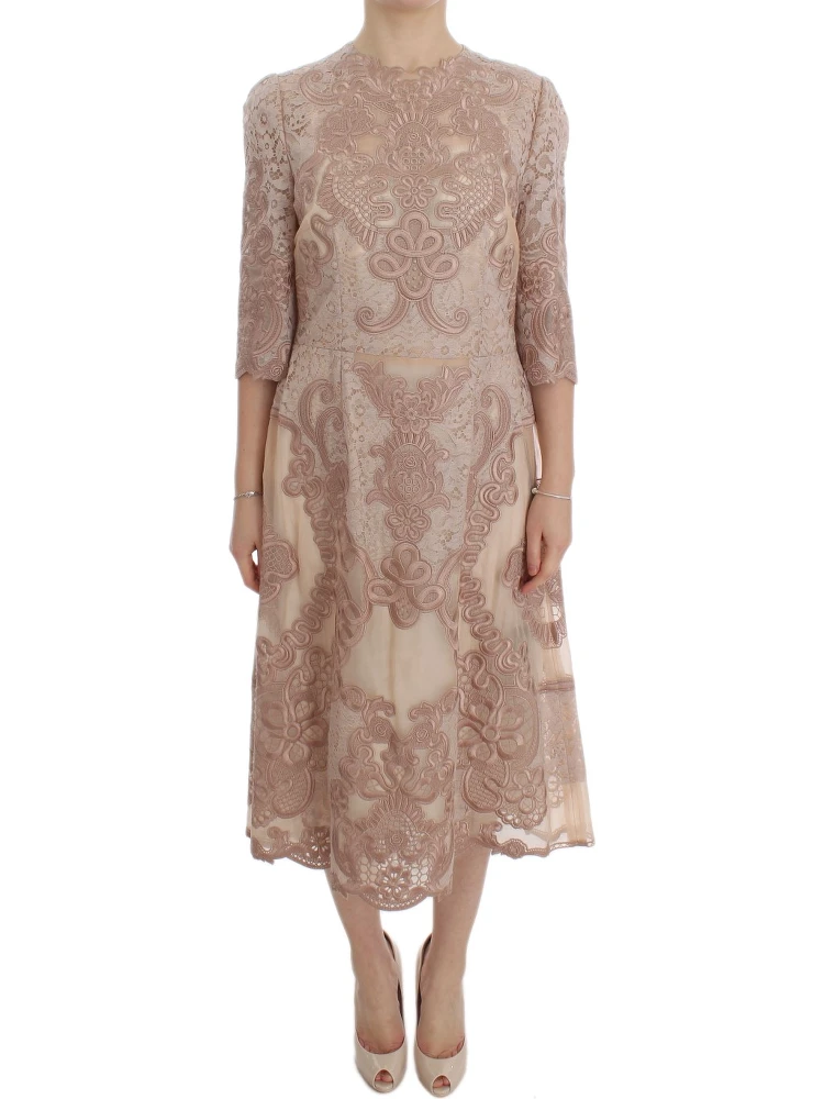 Pink Silk Lace Ricamo Shift Gown Dress
