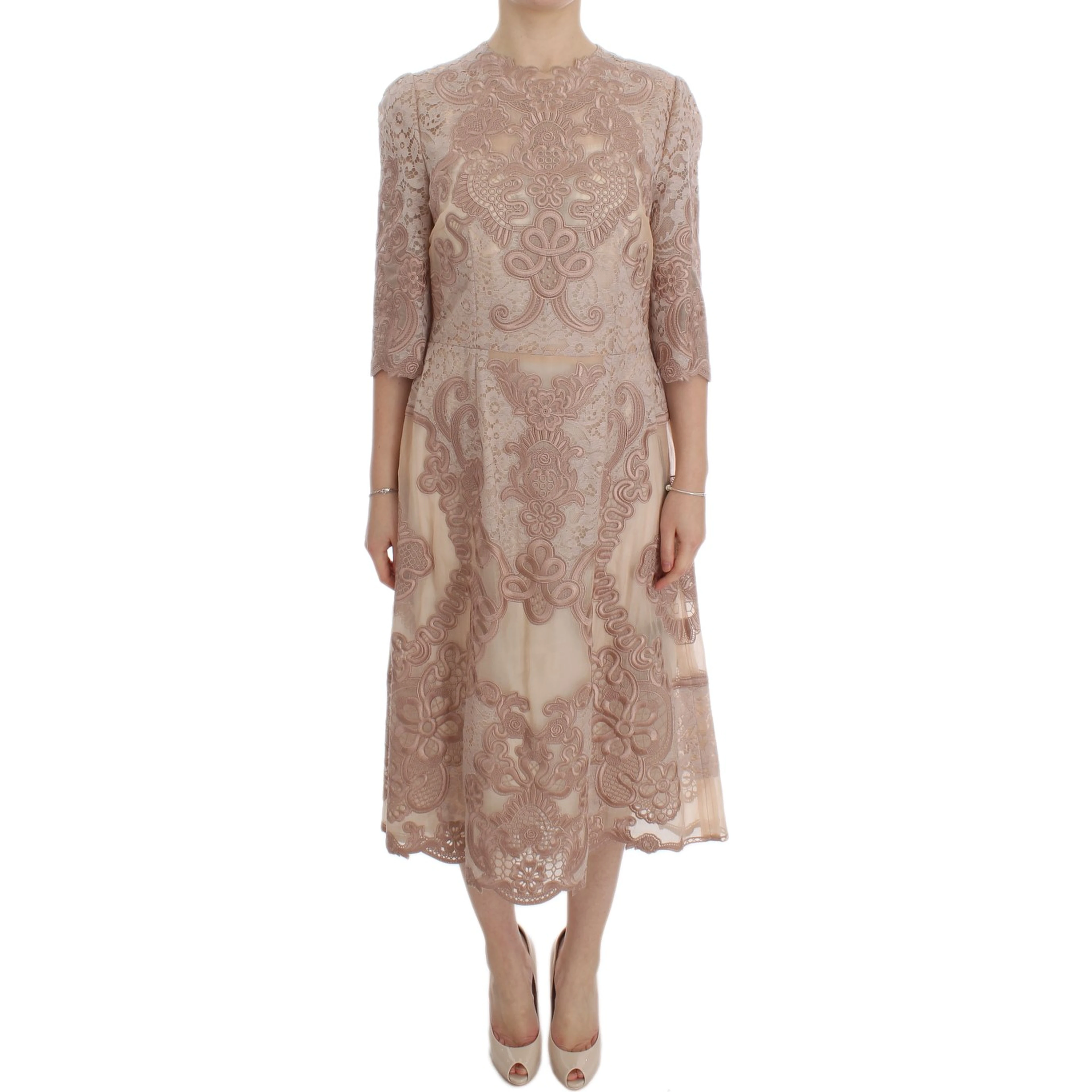 Pink Silk Lace Ricamo Shift Gown Dress