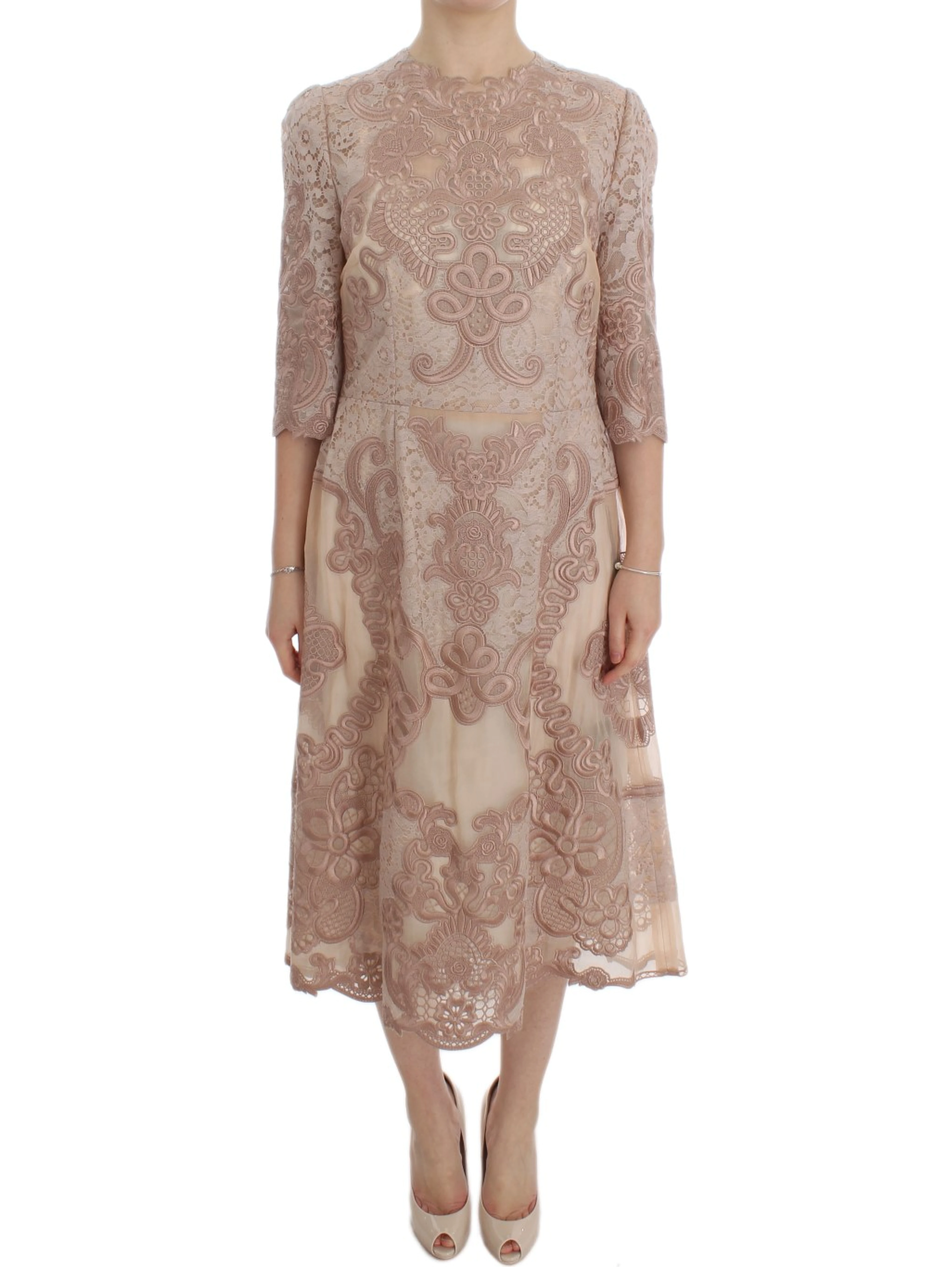 Pink Silk Lace Ricamo Shift Gown Dress