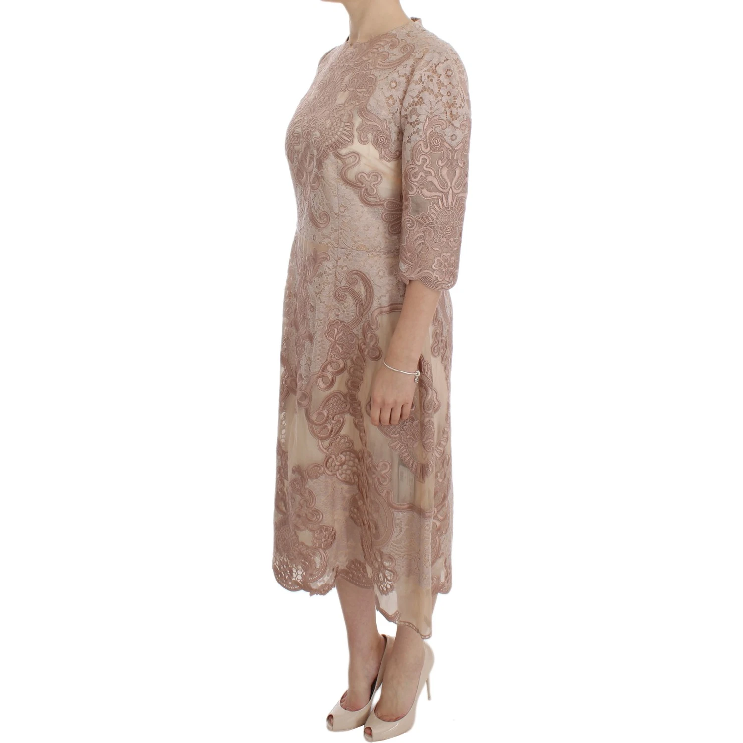 Pink Silk Lace Ricamo Shift Gown Dress