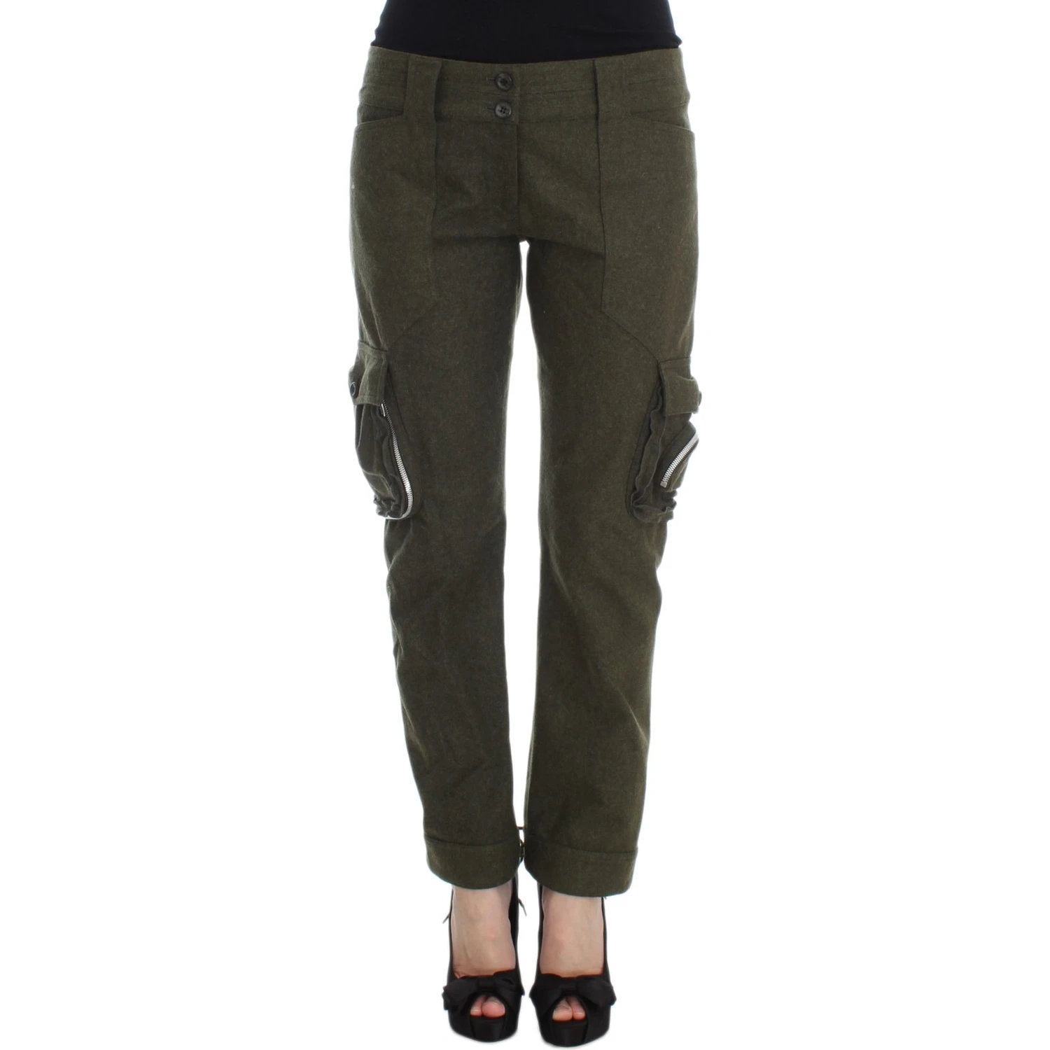 Green Wool Blend Loose Fit Cargo Pants