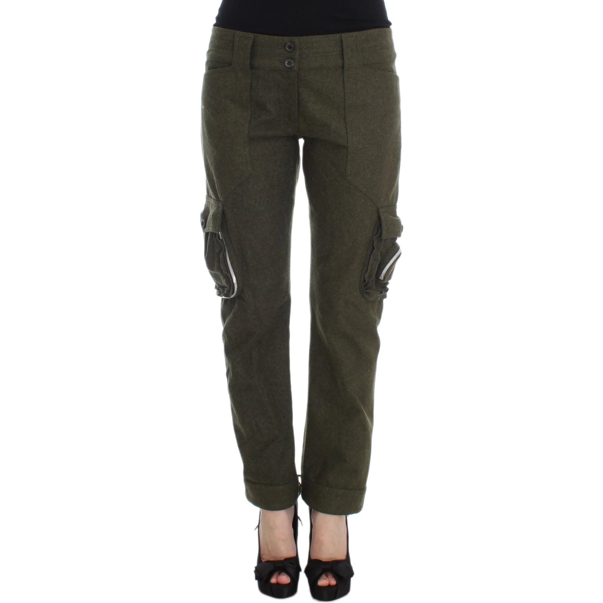 Green Wool Blend Loose Fit Cargo Pants
