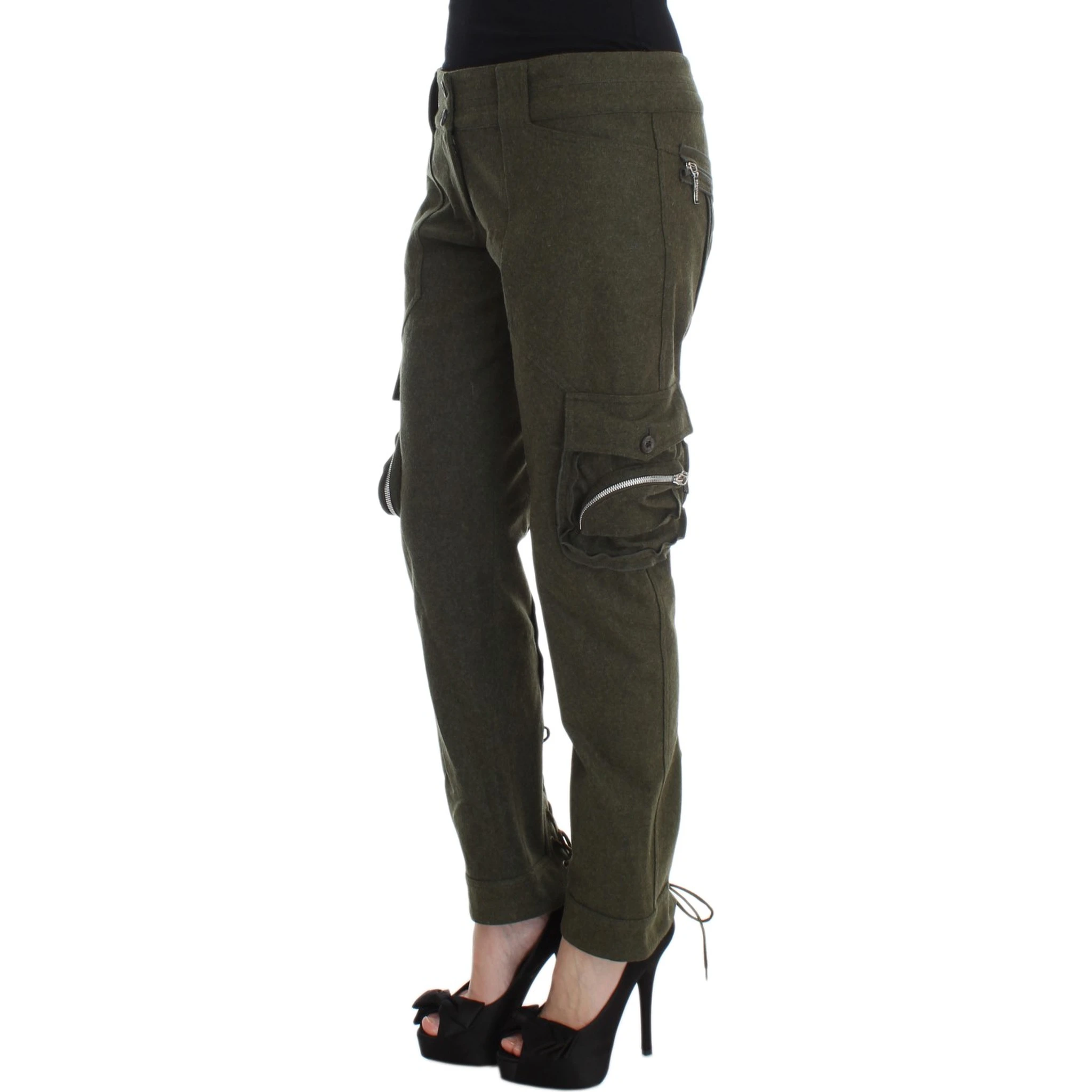 Green Wool Blend Loose Fit Cargo Pants