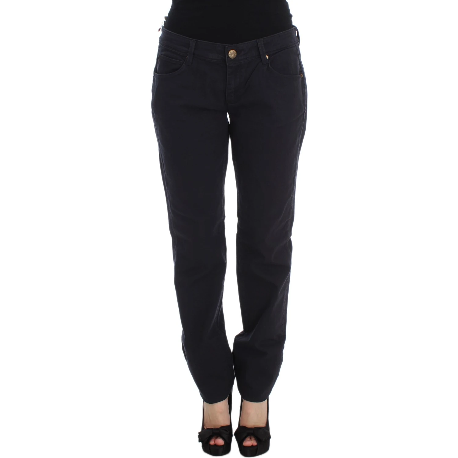 Blue Cotton Blend Casual Fit Pants