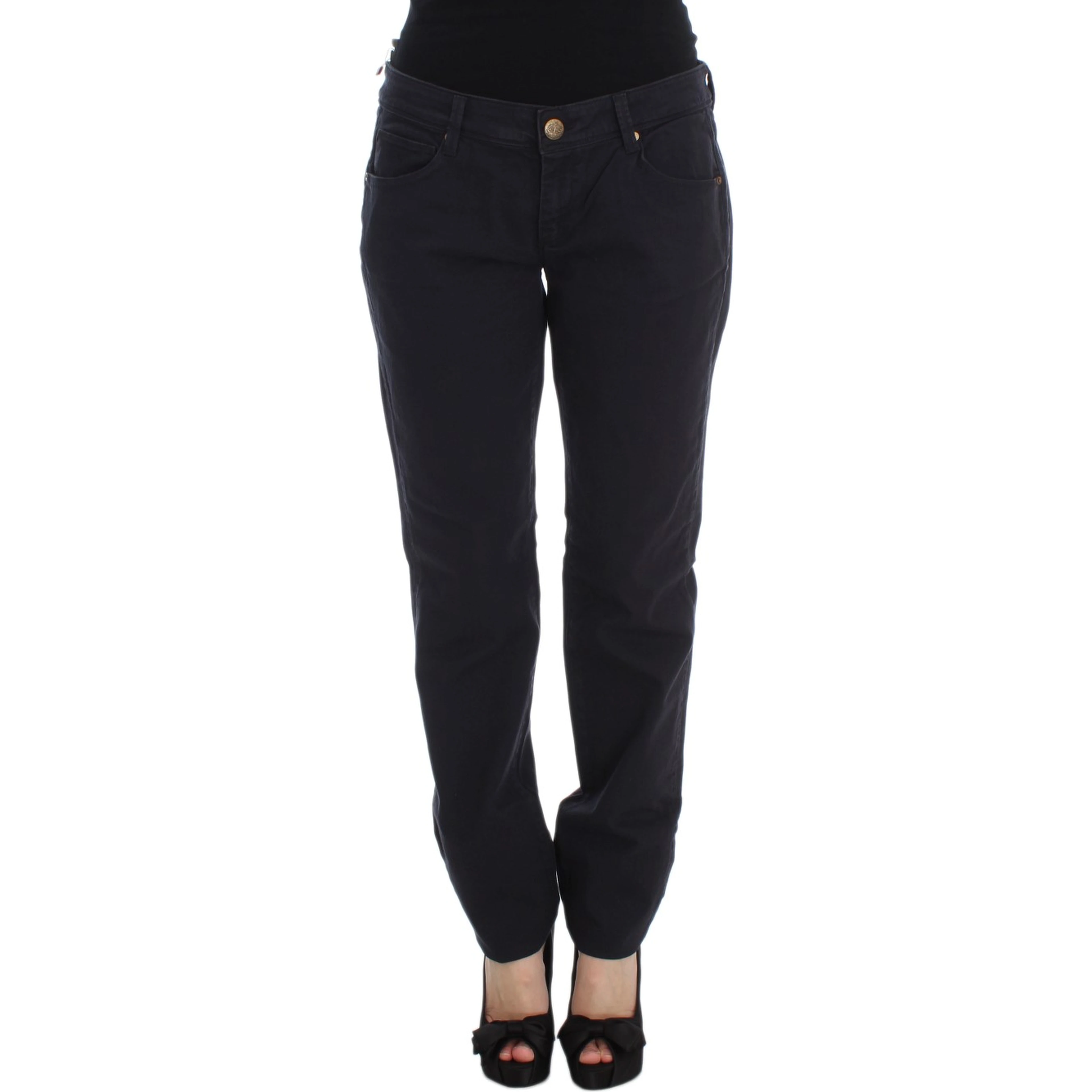 Blue Cotton Blend Casual Fit Pants