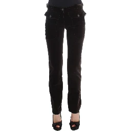 Brown Cotton Velvet Zippers Slim Fit Pants