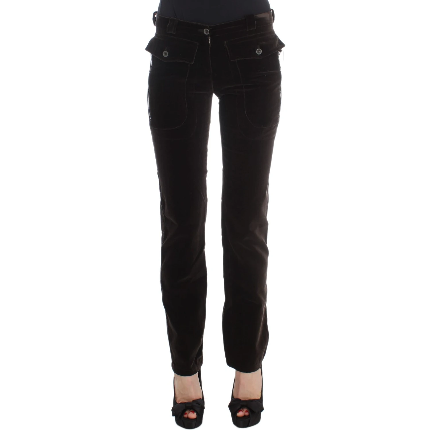 Brown Cotton Velvet Zippers Slim Fit Pants