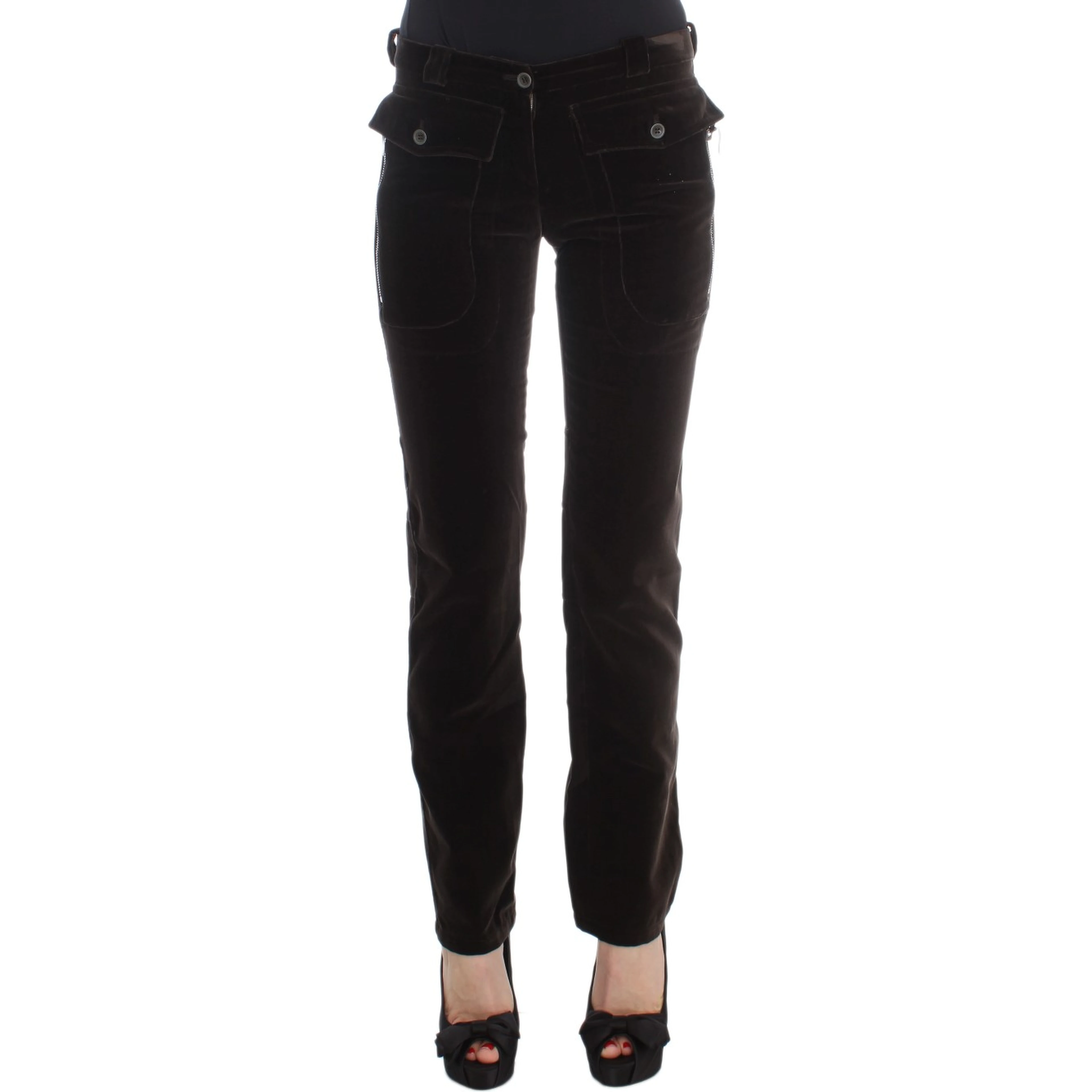 Brown Cotton Velvet Zippers Slim Fit Pants