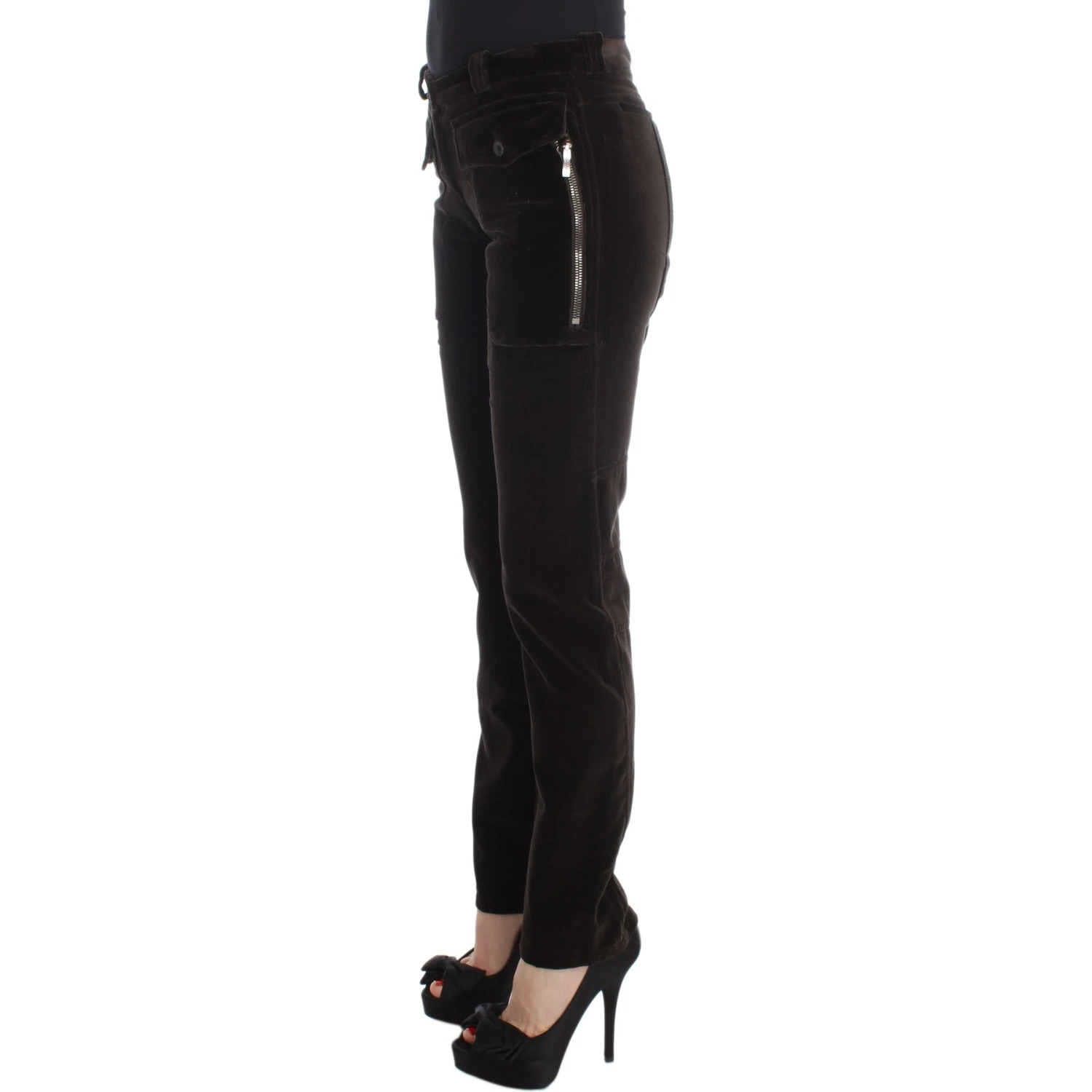Brown Cotton Velvet Zippers Slim Fit Pants