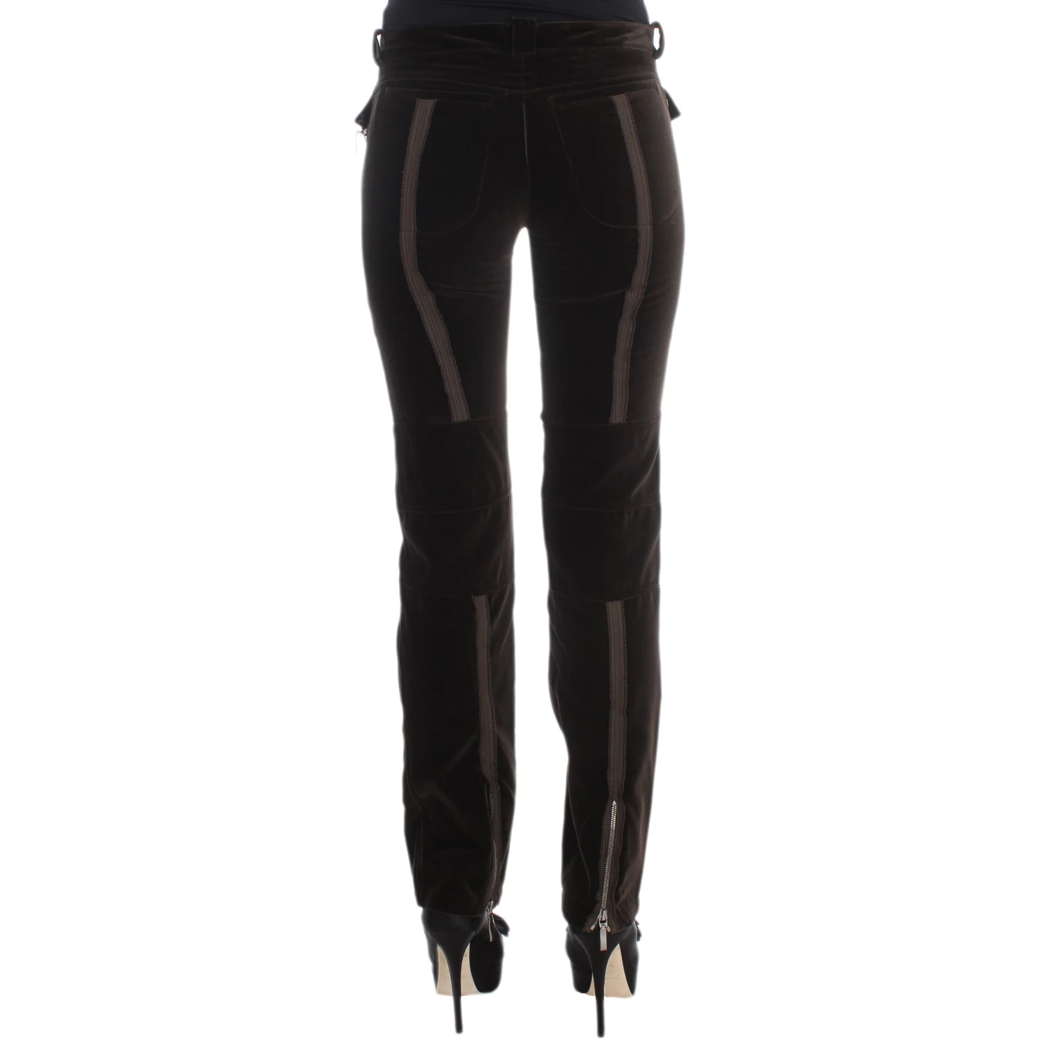 Brown Cotton Velvet Zippers Slim Fit Pants
