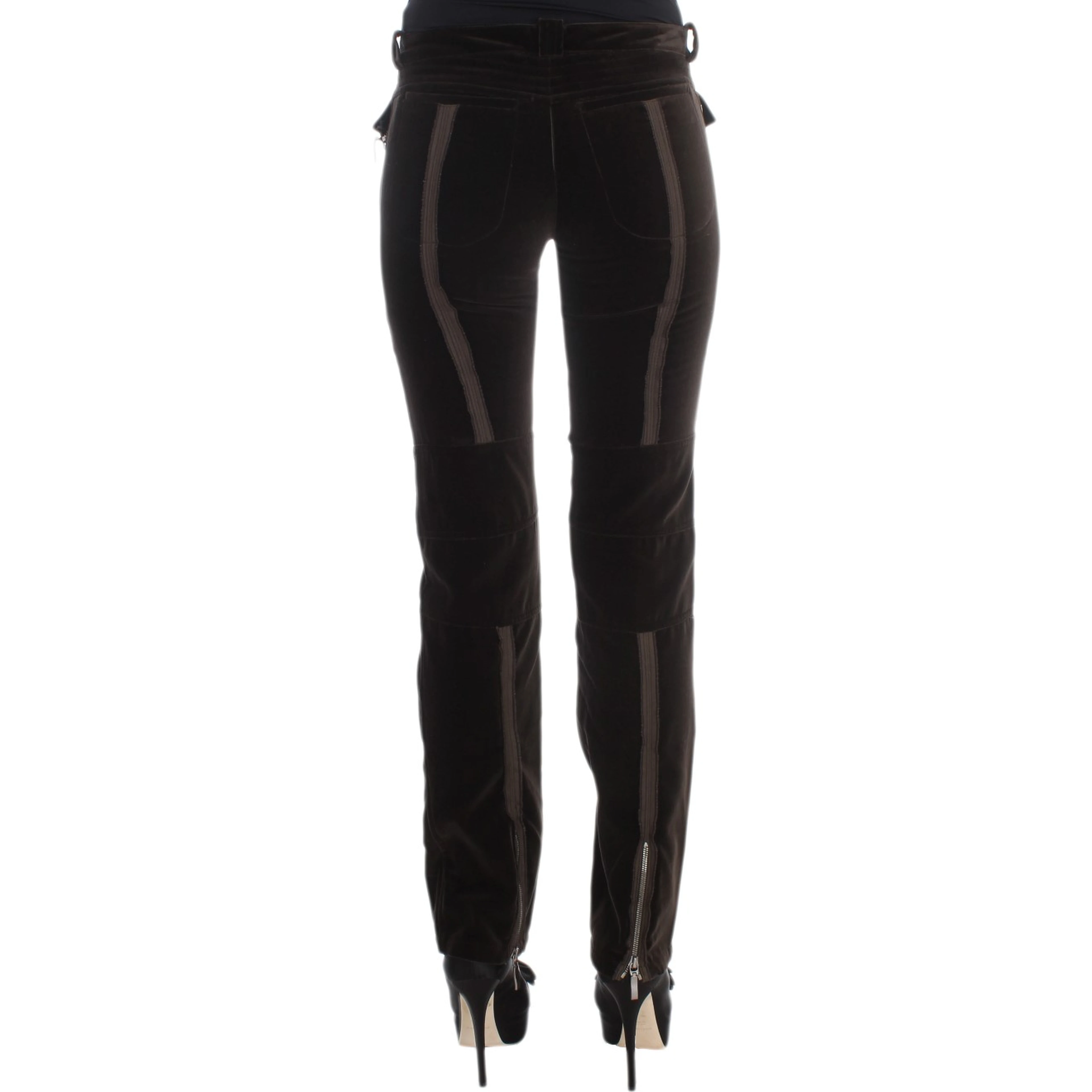 Brown Cotton Velvet Zippers Slim Fit Pants