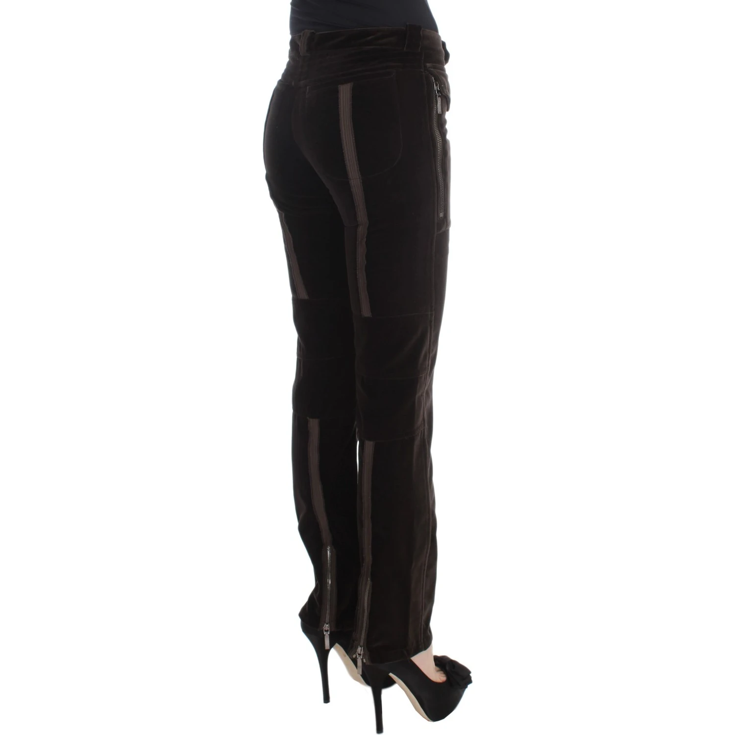 Brown Cotton Velvet Zippers Slim Fit Pants