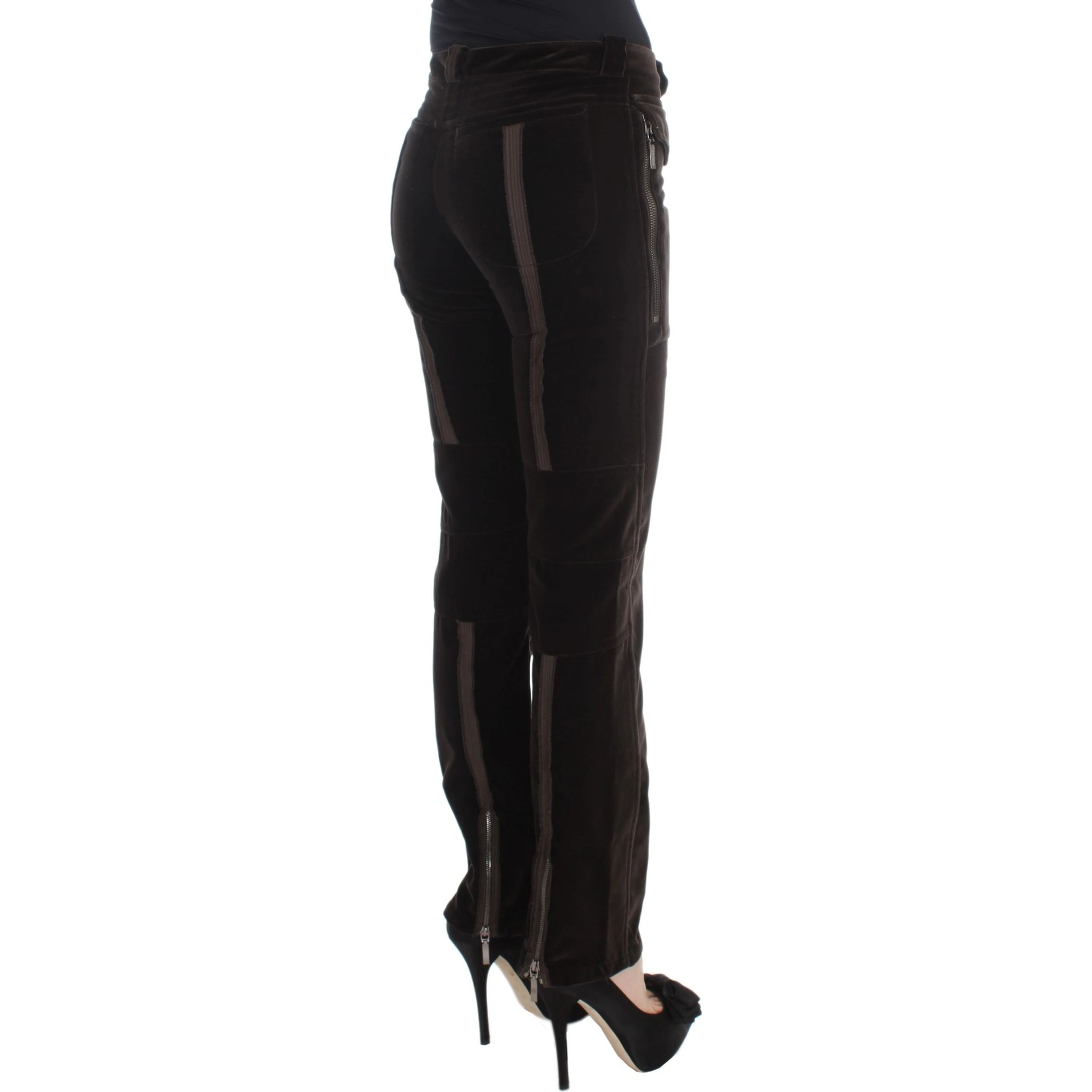 Brown Cotton Velvet Zippers Slim Fit Pants