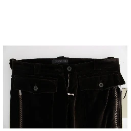 Brown Cotton Velvet Zippers Slim Fit Pants
