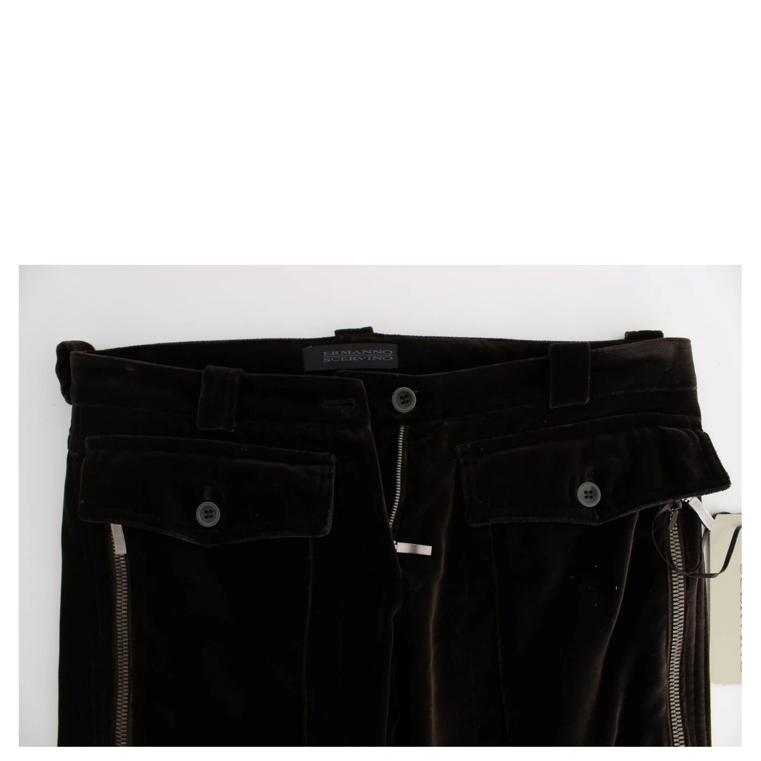 Brown Cotton Velvet Zippers Slim Fit Pants