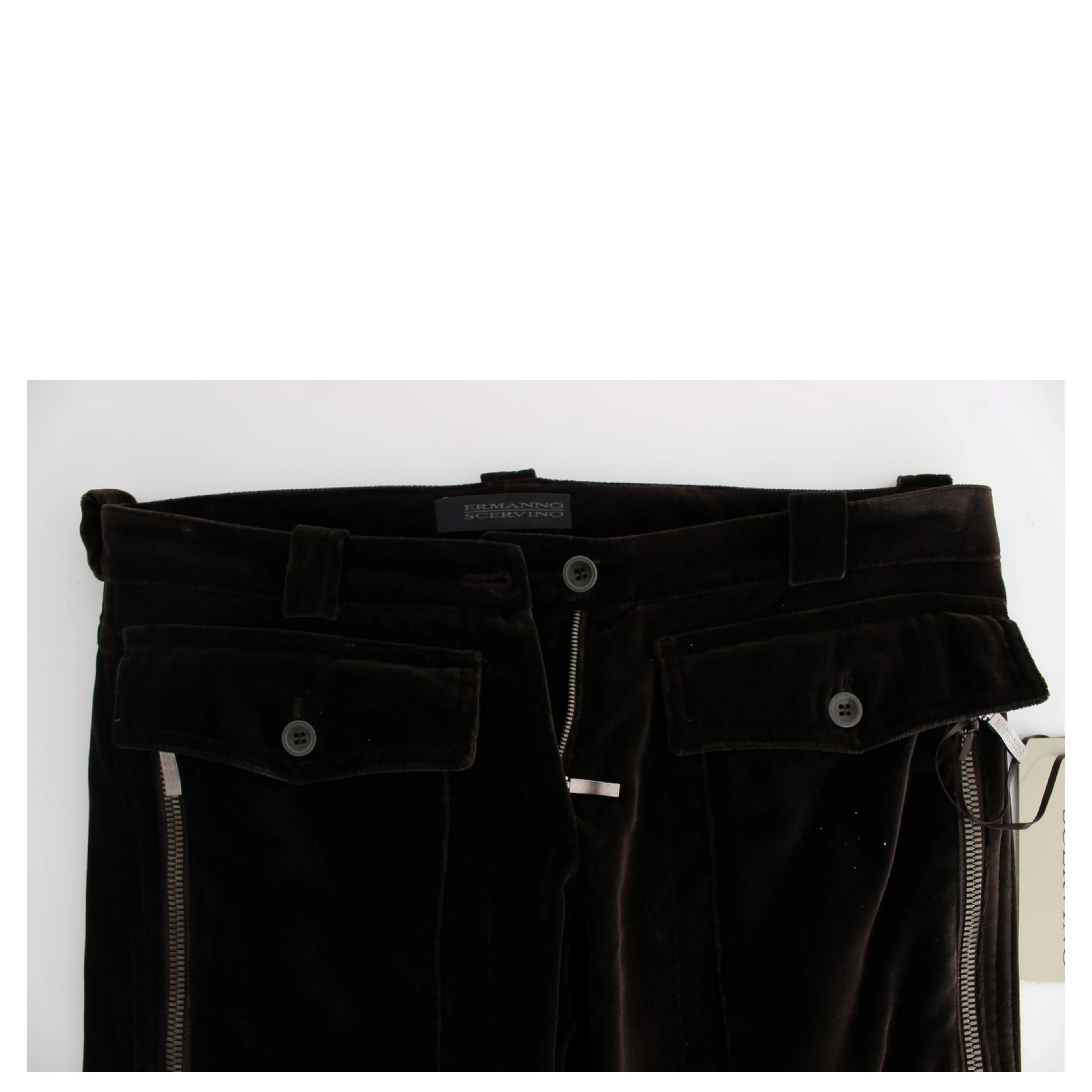 Brown Cotton Velvet Zippers Slim Fit Pants