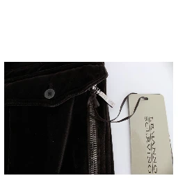 Brown Cotton Velvet Zippers Slim Fit Pants