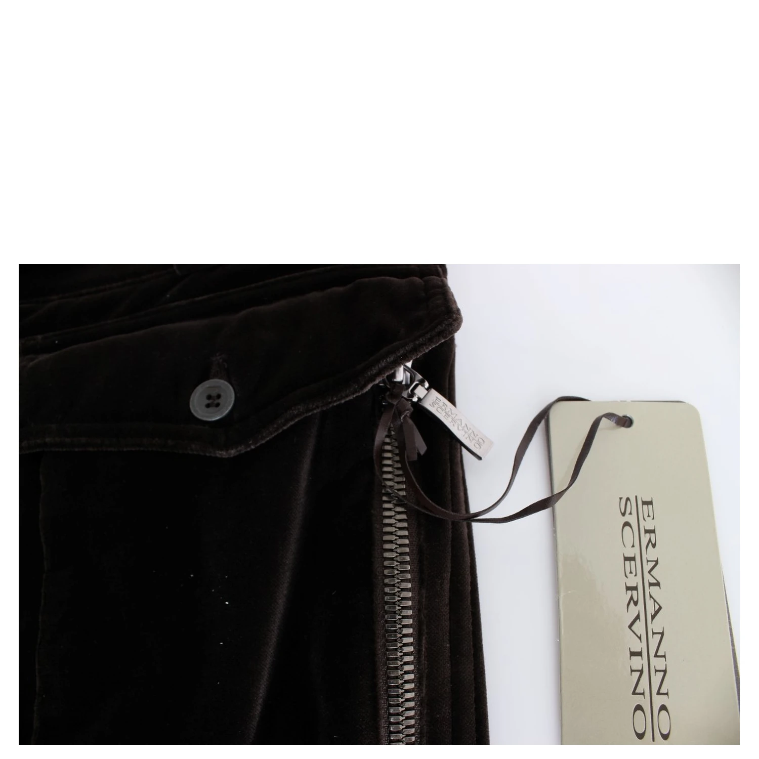 Brown Cotton Velvet Zippers Slim Fit Pants