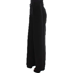Black Striped Cotton Blend Wide Legs Pants