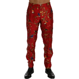 Red Silk Bird Print Dress Pants