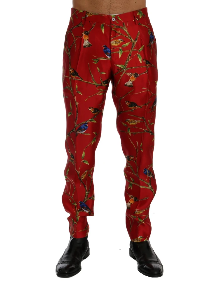 Red Silk Bird Print Dress Pants