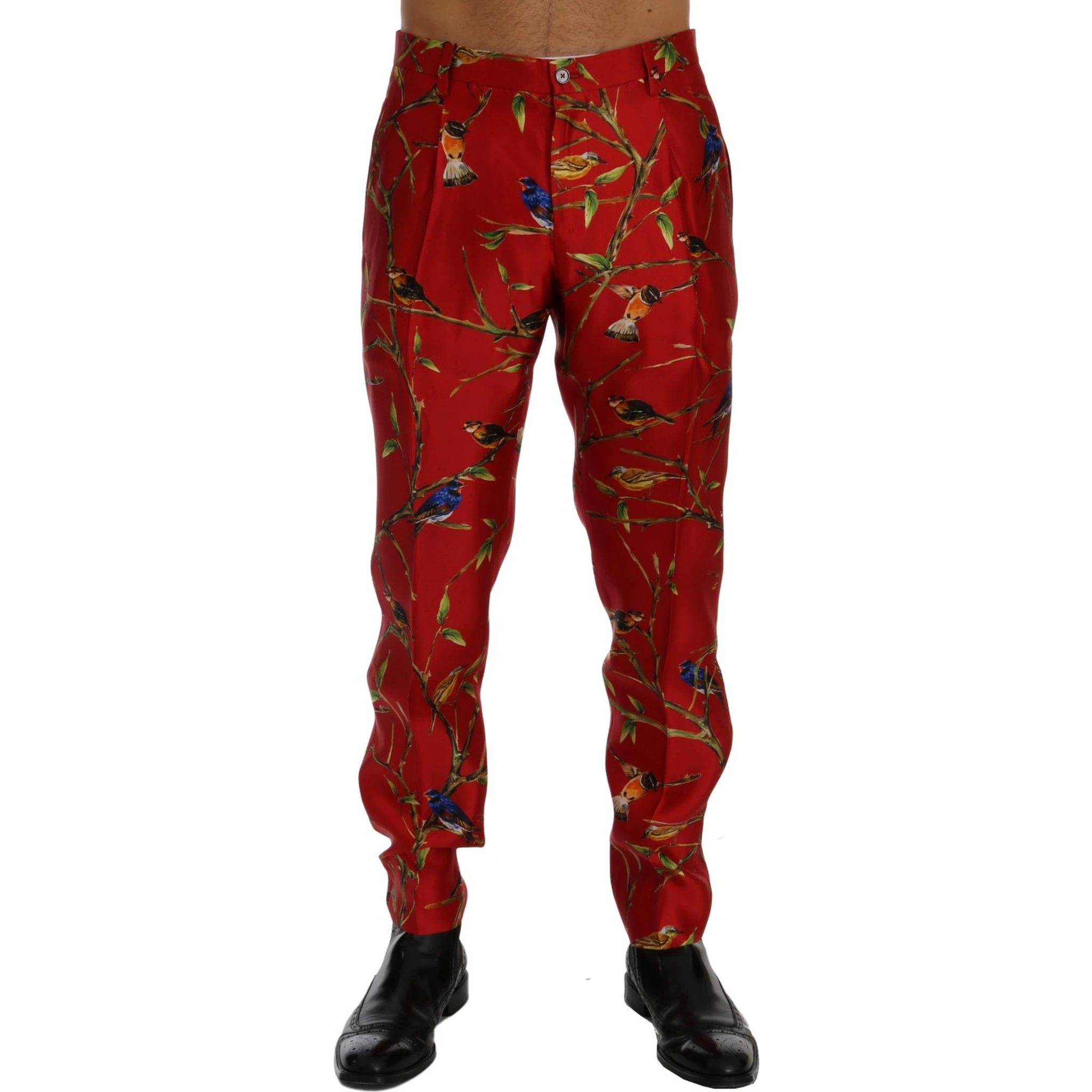 Red Silk Bird Print Dress Pants