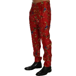 Red Silk Bird Print Dress Pants