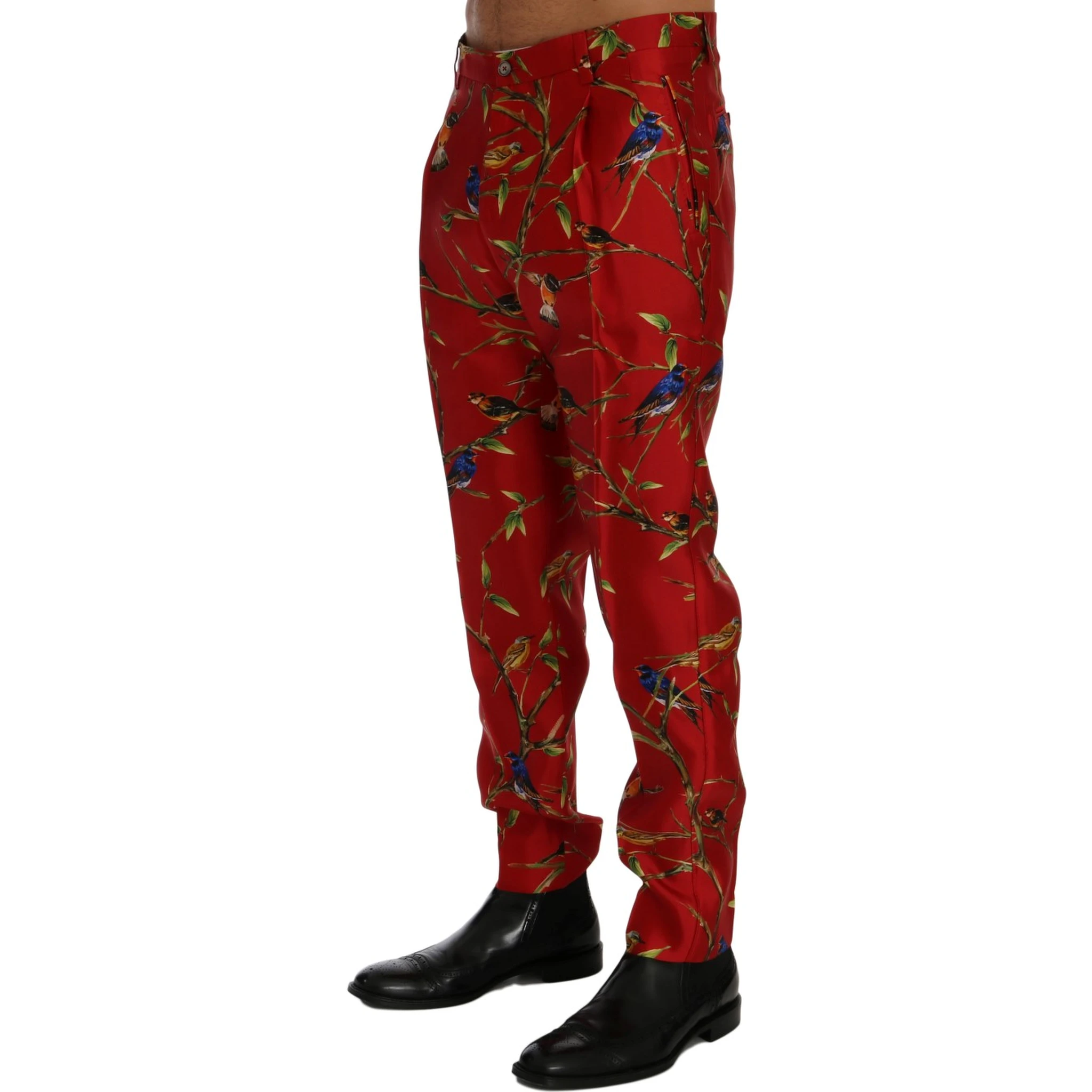 Red Silk Bird Print Dress Pants